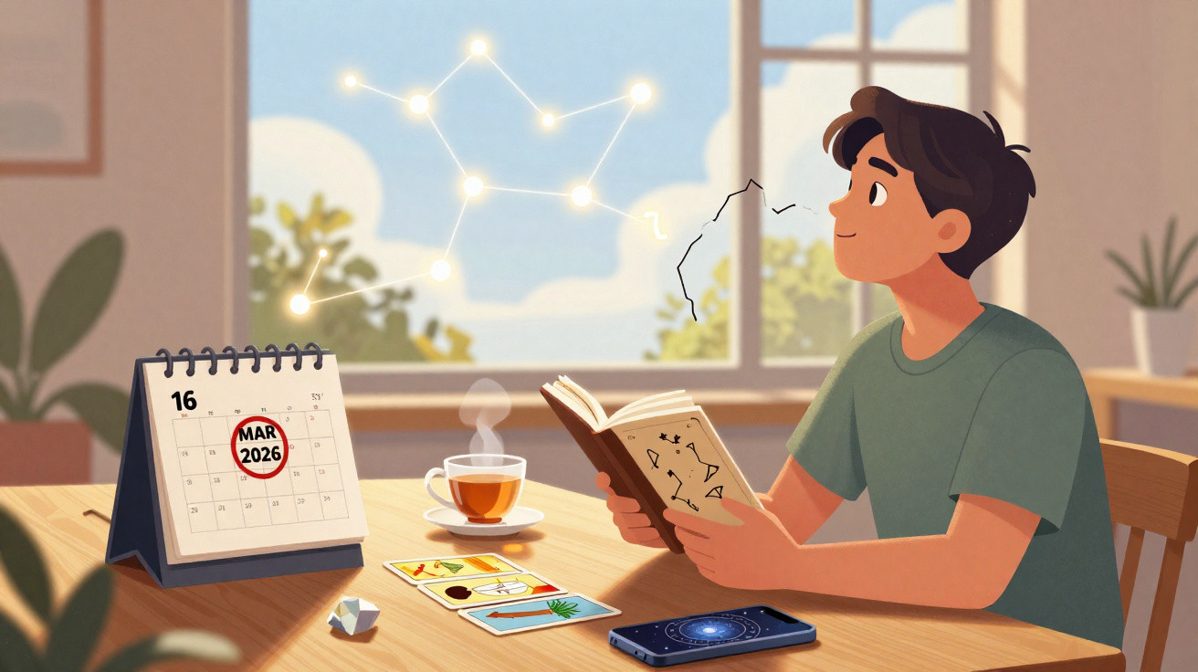 Young man reading astrology book with tarot cards, smartphone, and calendar showing 16 March 2026 on table.