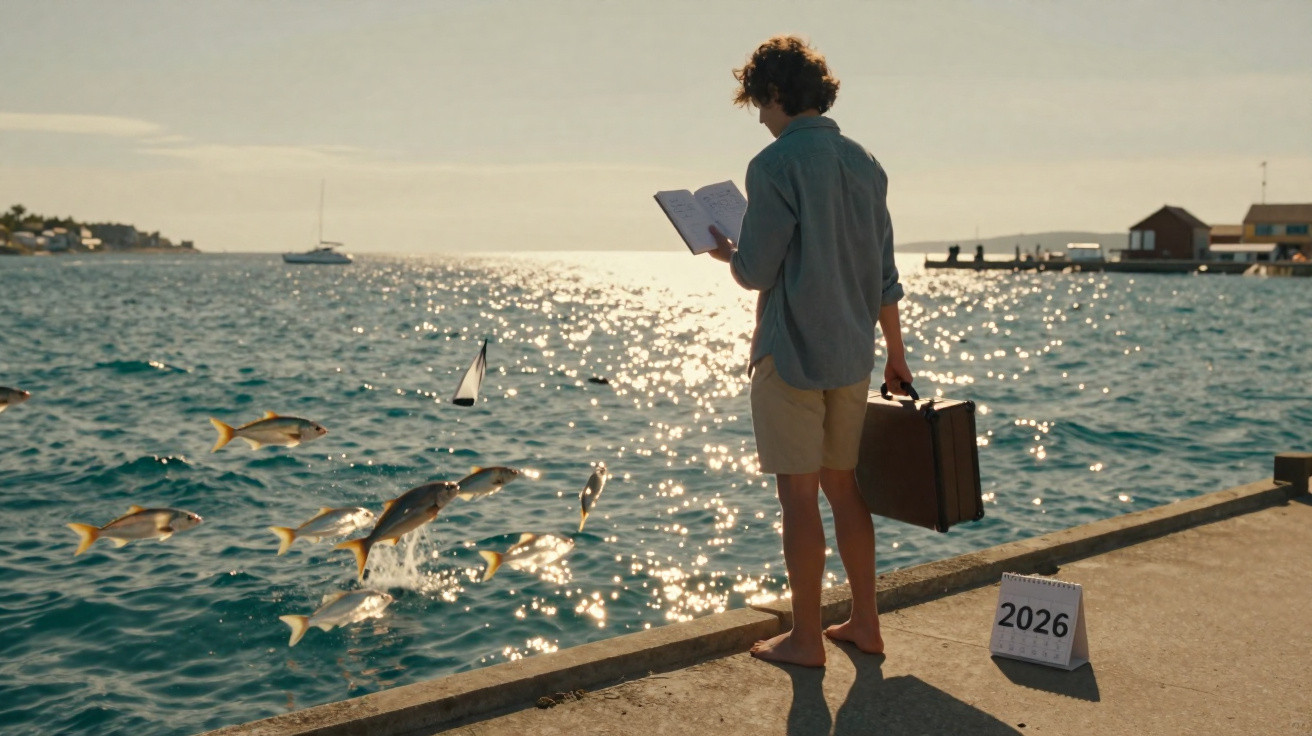 Person standing barefoot on a pier reading a book with fish jumping out of the water and a 2026 calendar nearby.