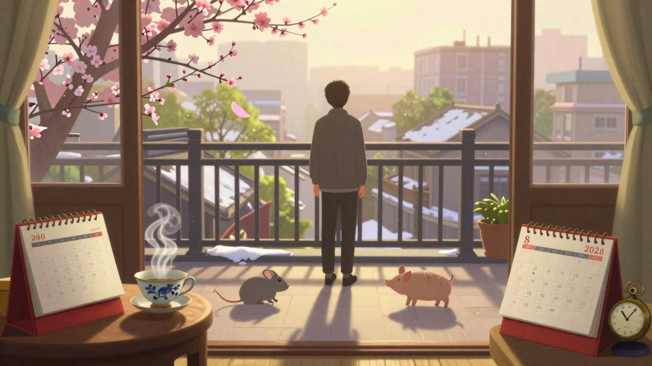 Person standing on a balcony with a steaming cup, mouse, pig, and cherry blossoms in a peaceful urban setting.