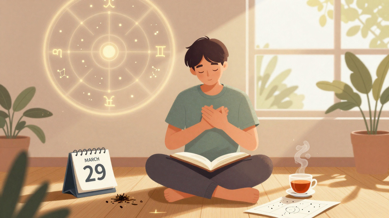 Person meditating with an open book, zodiac wheel, calendar showing March 29, and steaming cup of tea nearby.