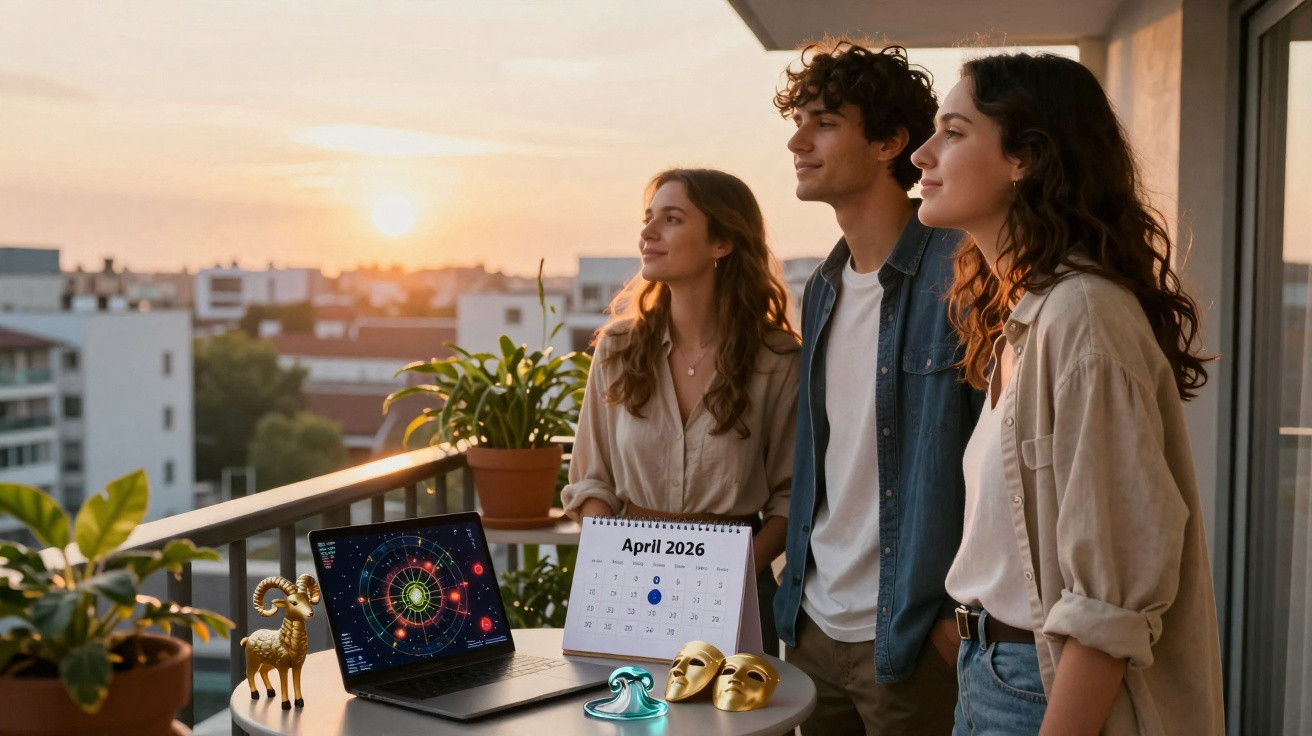 Three people standing on a balcony at sunset with a laptop, calendar showing April 2026, and decorative items on a table.