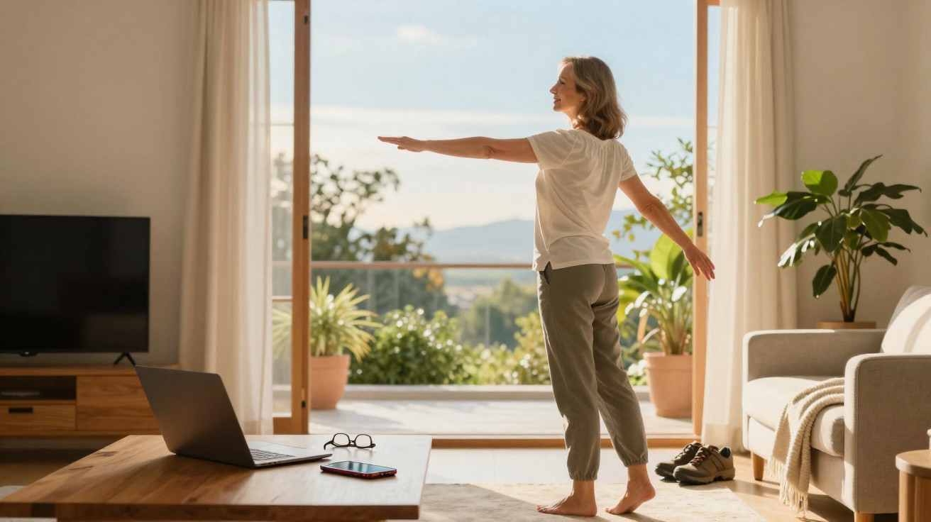 Woman practising yoga indoors near open balcony doors with laptop on table and plants outside.