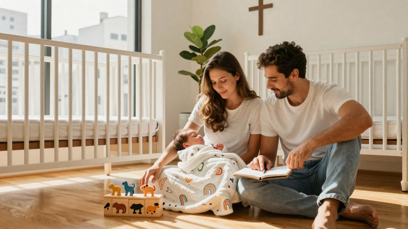 Parents sitting on the floor with their baby wrapped in a blanket in a nursery with cribs and toys.