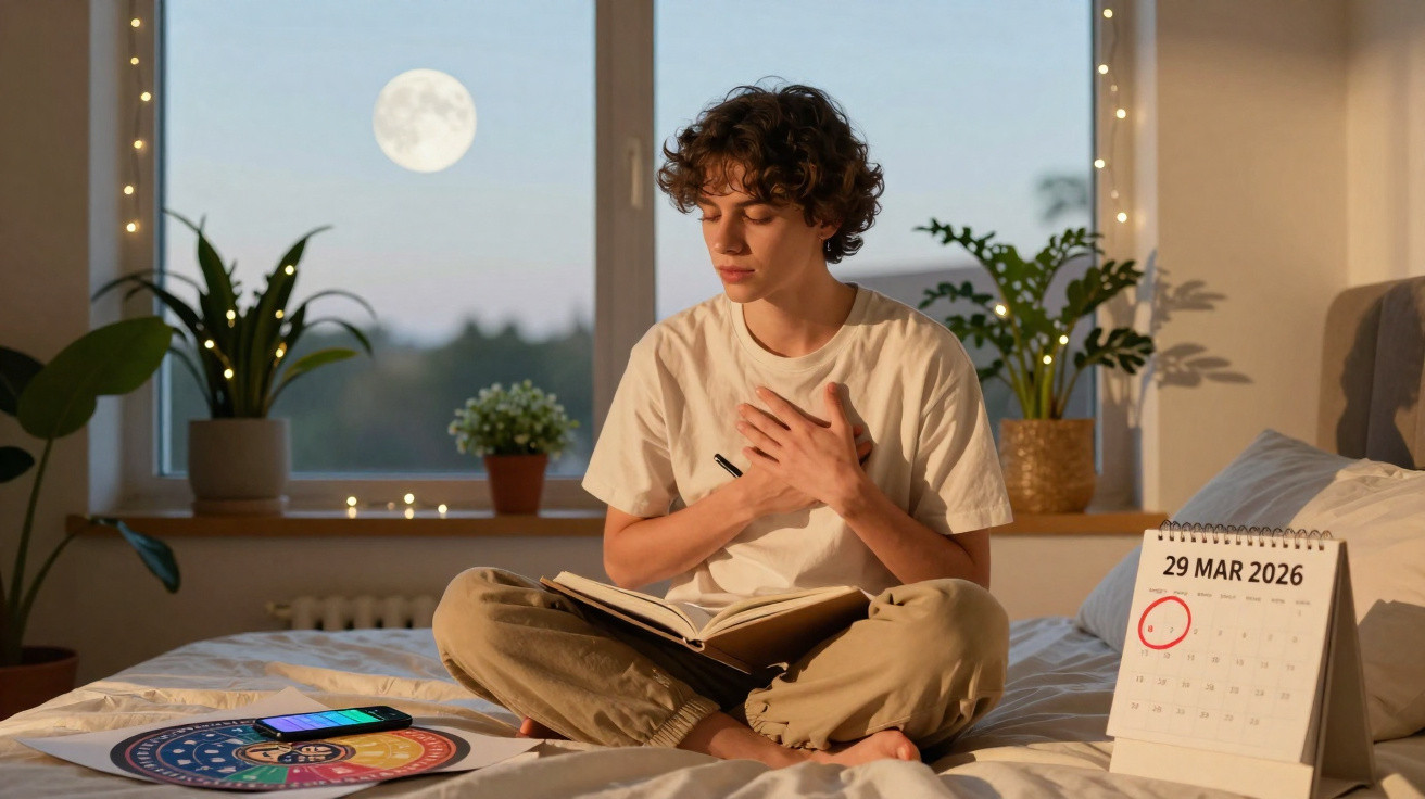 Young person sitting cross-legged on bed holding pen and journal, moon visible through window at dusk.