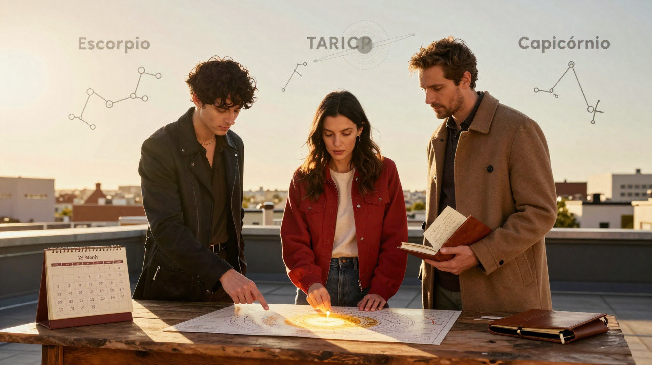 Three people studying a large astrological chart on a rooftop with zodiac names and constellations above them.