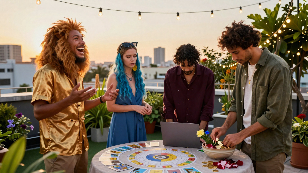 Four friends on a rooftop playing a board game with tarot cards and a laptop at sunset with string lights above.