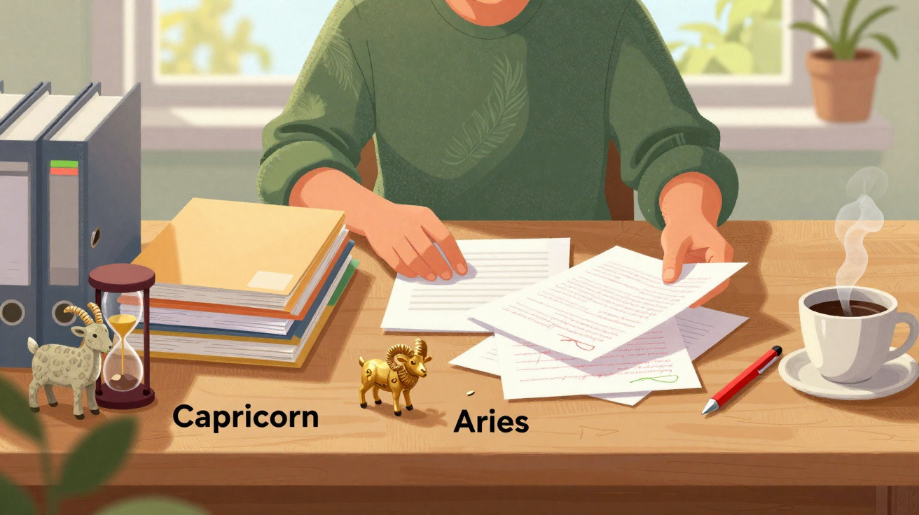 Person sorting papers at a desk with Capricorn and Aries figurines, folders, an hourglass, and a steaming cup of coffee.