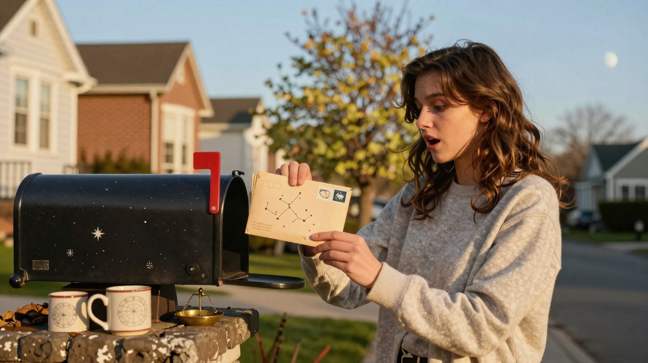 Young woman holding an envelope with constellation drawings near a black mailbox outdoors at sunset.