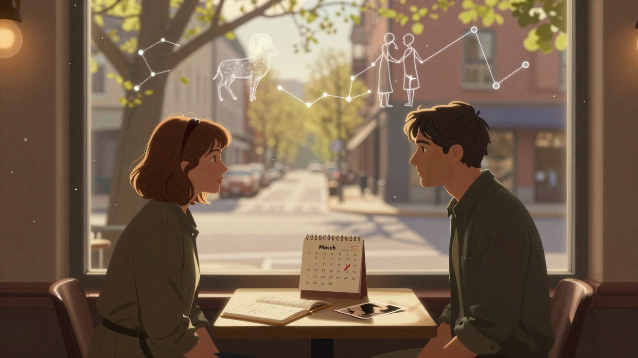 A man and woman sitting across a table by the window with zodiac constellation illustrations above them.