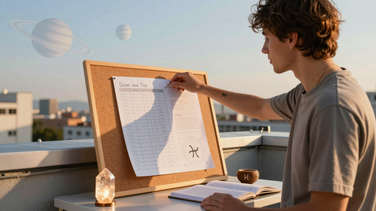 Young man pinning a paper titled "Dream menu Tarot" on a corkboard outdoors with planets in the sky.
