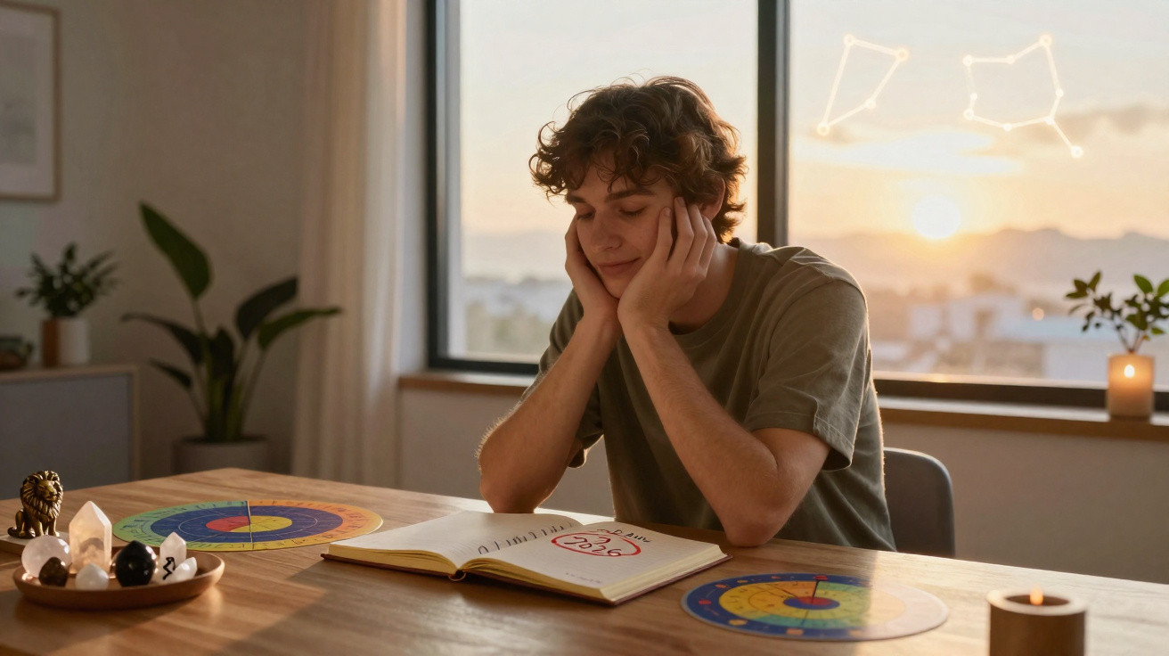 Young person studying astrology charts and reading an astrology book at a wooden table during sunset.