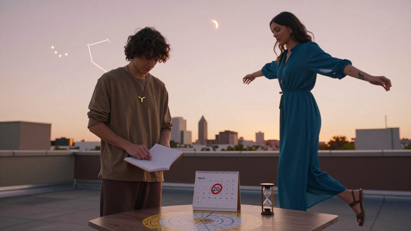 Two people on a rooftop at sunset with a calendar, hourglass, and zodiac chart on the table.