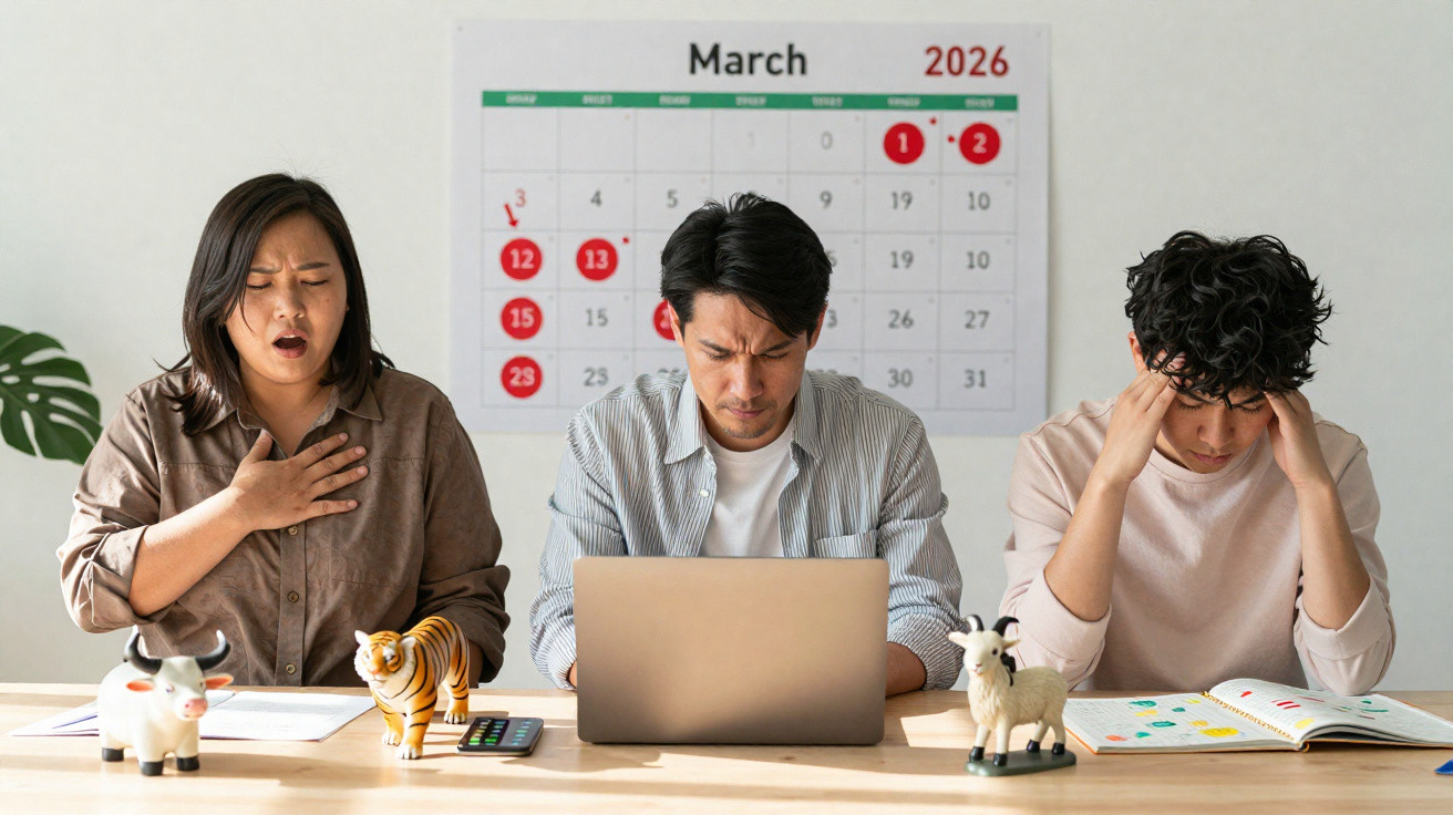 Three stressed people sitting at a table with a laptop and books under a March 2026 wall calendar.