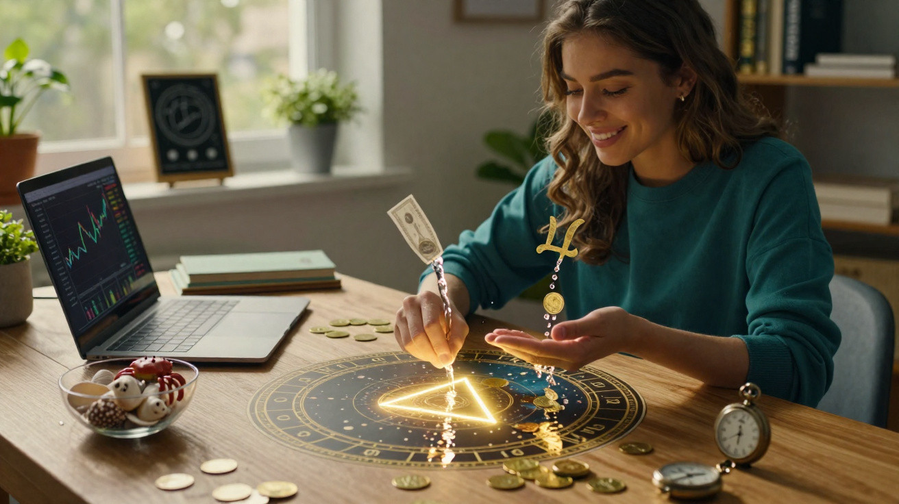 Young woman smiling while using a glowing magical triangle on a zodiac chart with coins and dollar bills on the table.