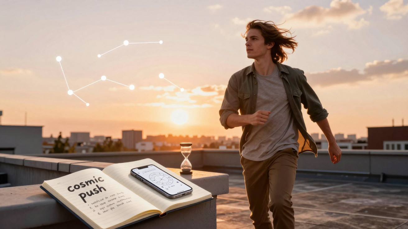 Young man running on rooftop at sunset with astronomy notes, smartphone, and hourglass nearby.