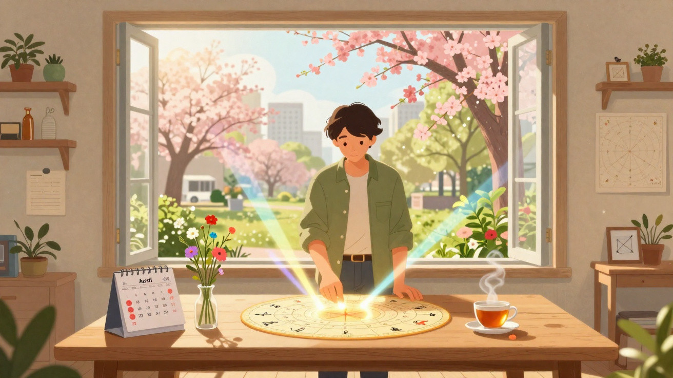 Person standing at a wooden table with an astrological chart, flowers, and tea near an open window with blooming trees outsid