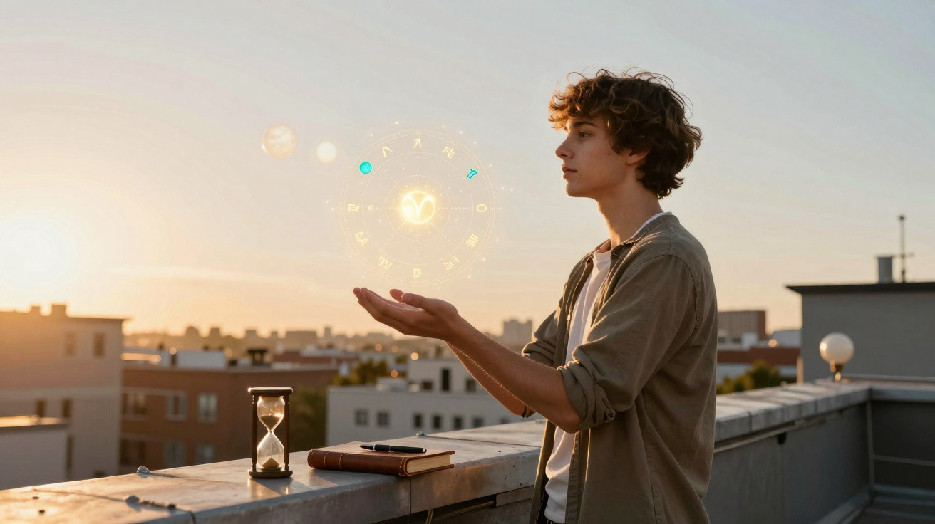 Young man on rooftop at sunset holding a glowing Aries zodiac symbol with hourglass and book nearby