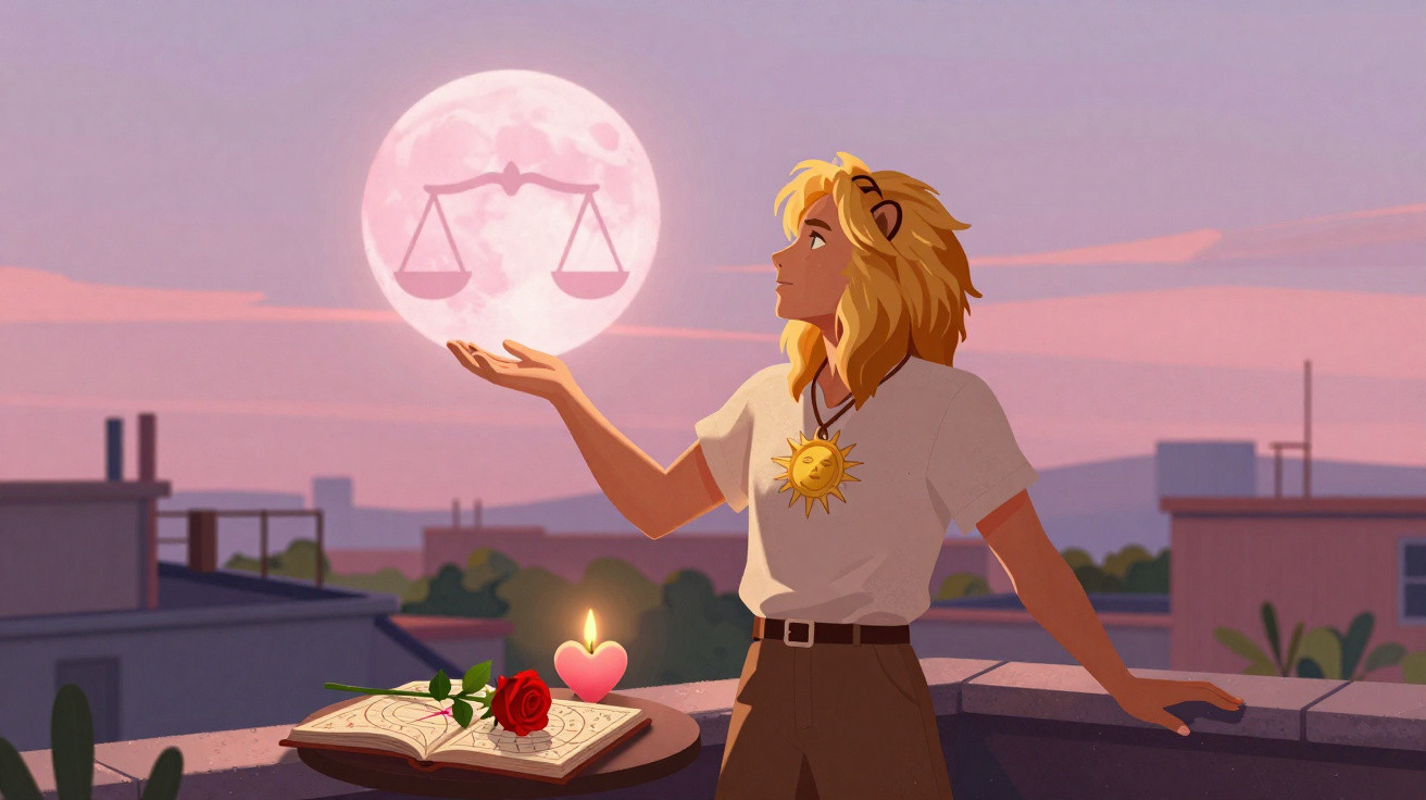 Person with lion-like hair on a balcony at dusk holding a glowing moon with Libra scales symbol.