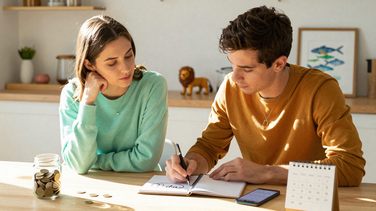 Young couple budgeting at a table with coins, a jar, a calendar, and a smartphone in a sunlit room.