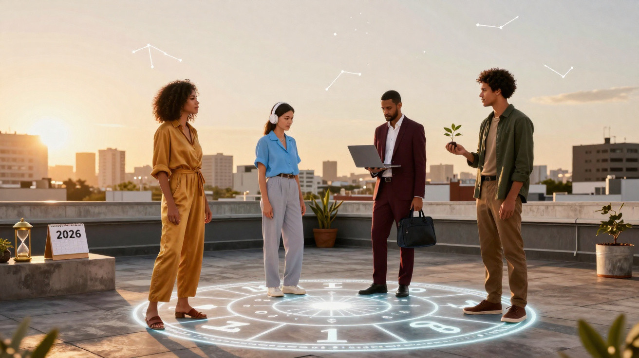 Four diverse young adults stand on a rooftop at sunset, inside a glowing zodiac wheel projection.