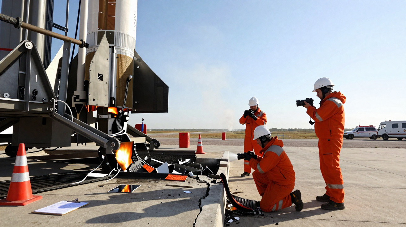 Engineers in orange suits photographing a rocket test firing on a concrete platform outdoors.