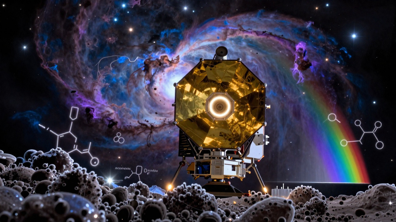 Space probe with a golden hexagonal mirror on a rocky surface against a colourful galaxy and rainbow backdrop.