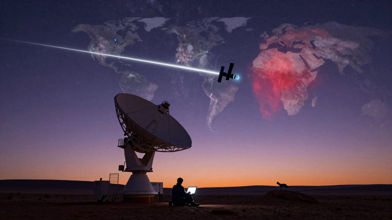 Satellite dish and person with laptop in desert under night sky tracking spacecraft over illuminated world map.