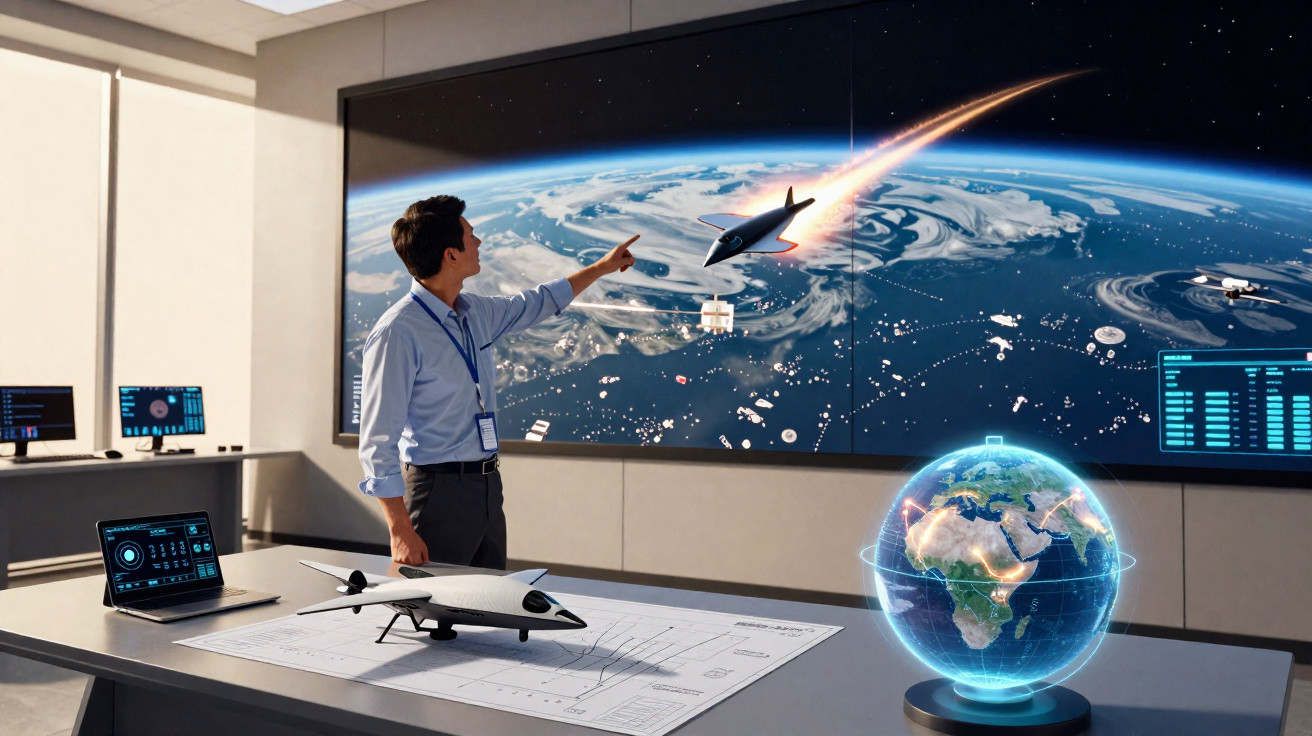 Man pointing at digital space shuttle launch on large screen in futuristic office with globe and model spacecraft.