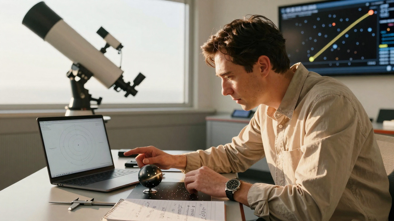 Young man using laptop and miniature globe in astronomy study room with telescope and star chart.