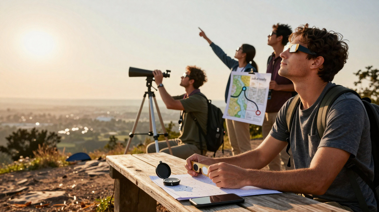 Group of four people outdoors using a telescope, map and compass, observing the landscape at sunset.