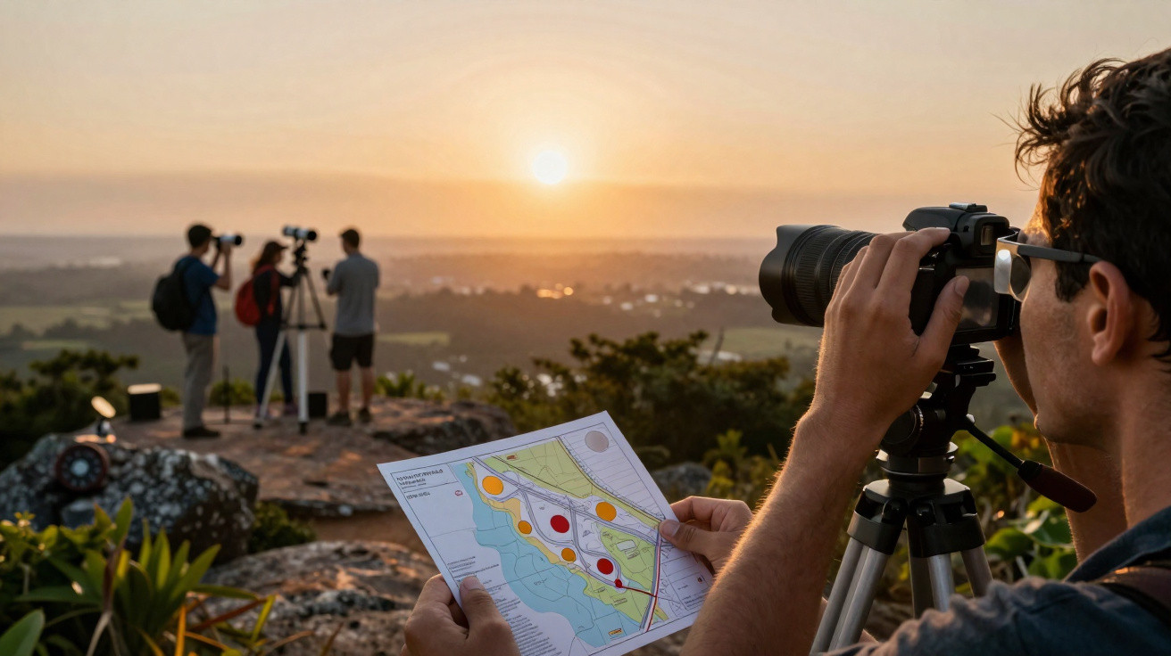 Person holding a map and using a camera on a tripod watching sunset with three people and binoculars on a hill.