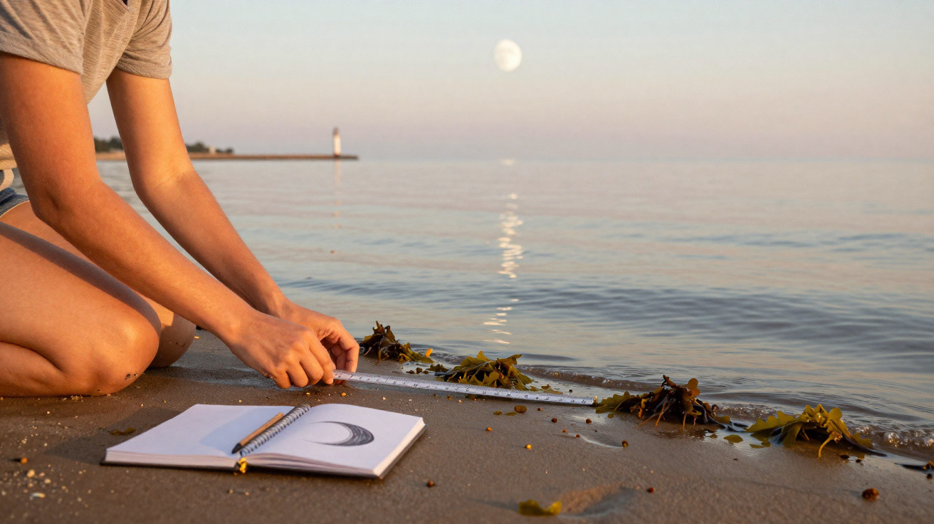Person measuring seaweed on the beach with a notebook sketch of the moon and calm sea in background.
