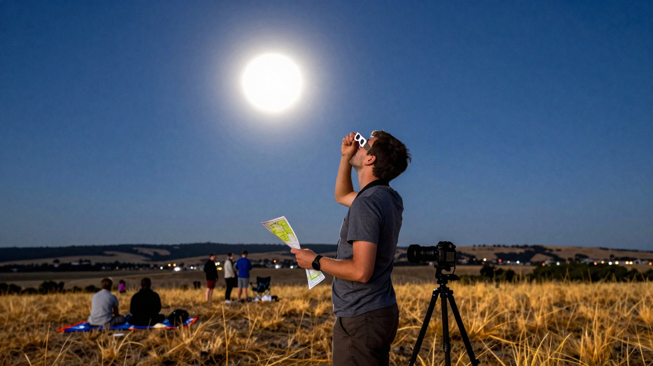 Man wearing eclipse glasses holds a map in a field at night with a camera on tripod and group of people in background.