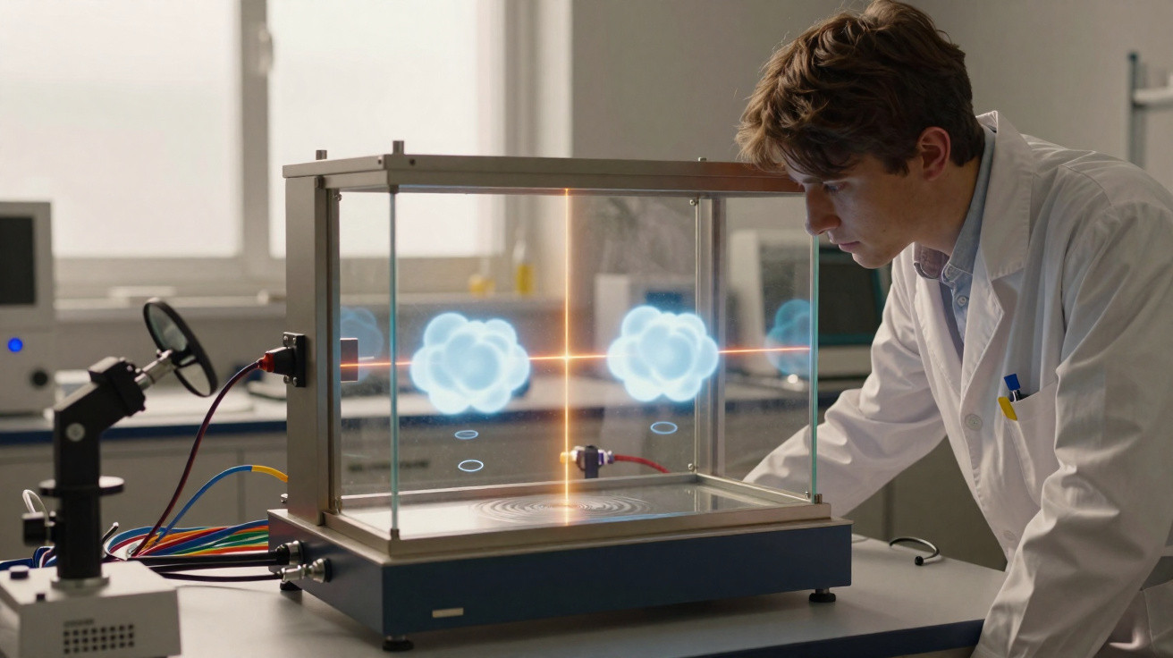 Scientist in lab coat observing a laser experiment with digital molecular visuals inside a glass chamber.