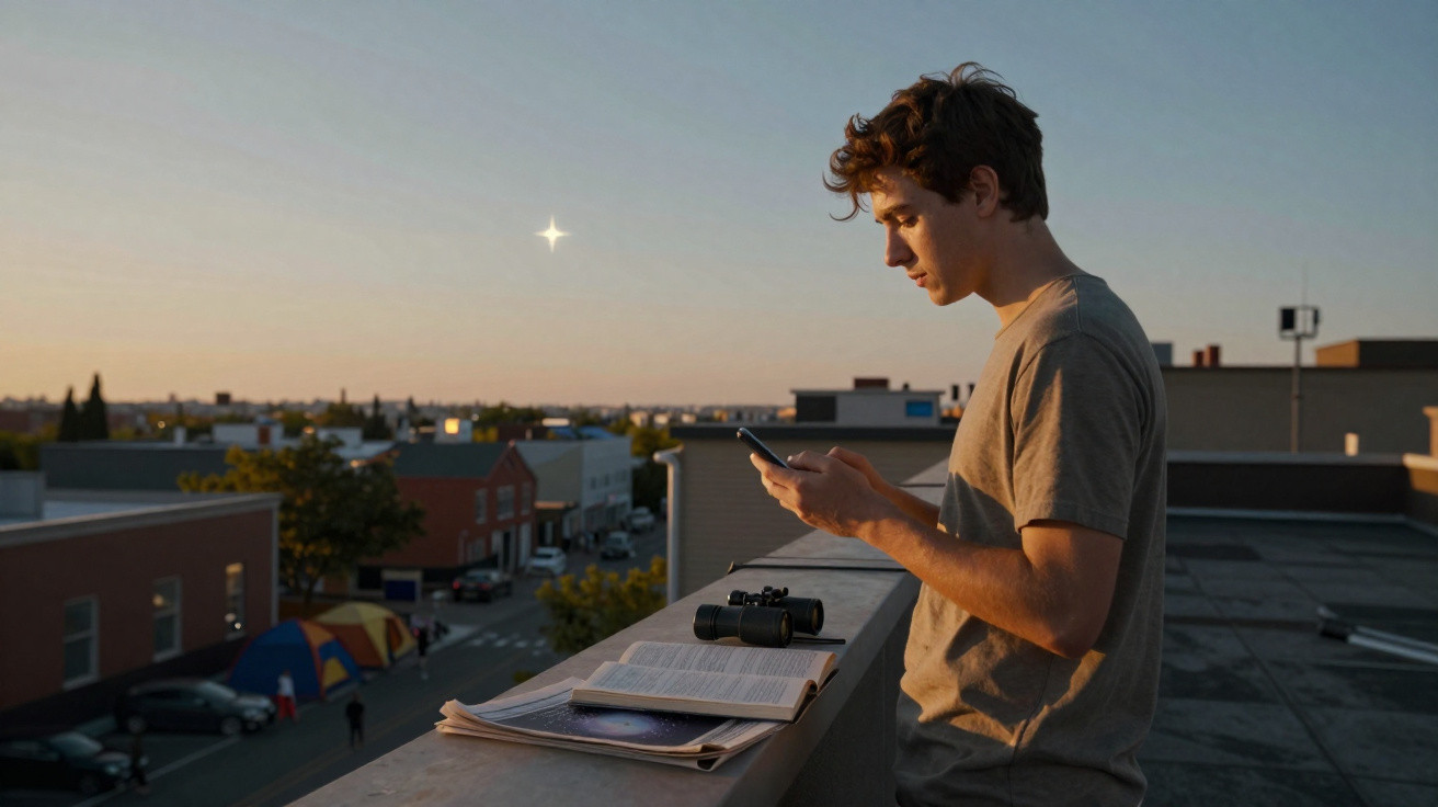 Young man on rooftop at sunset using phone with binoculars and open book on railing nearby.