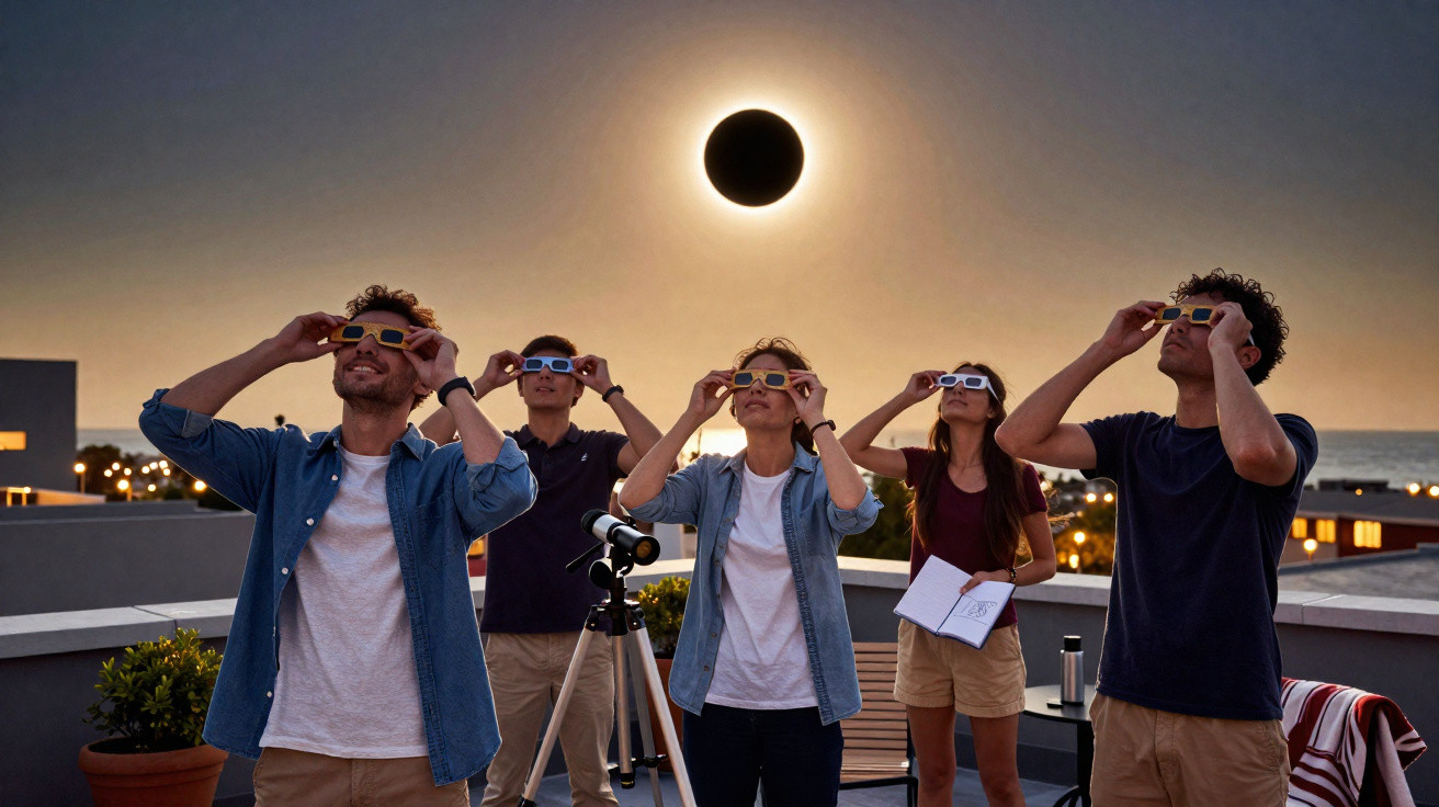 Five people on a rooftop wearing solar eclipse glasses watching a total solar eclipse with a telescope nearby.