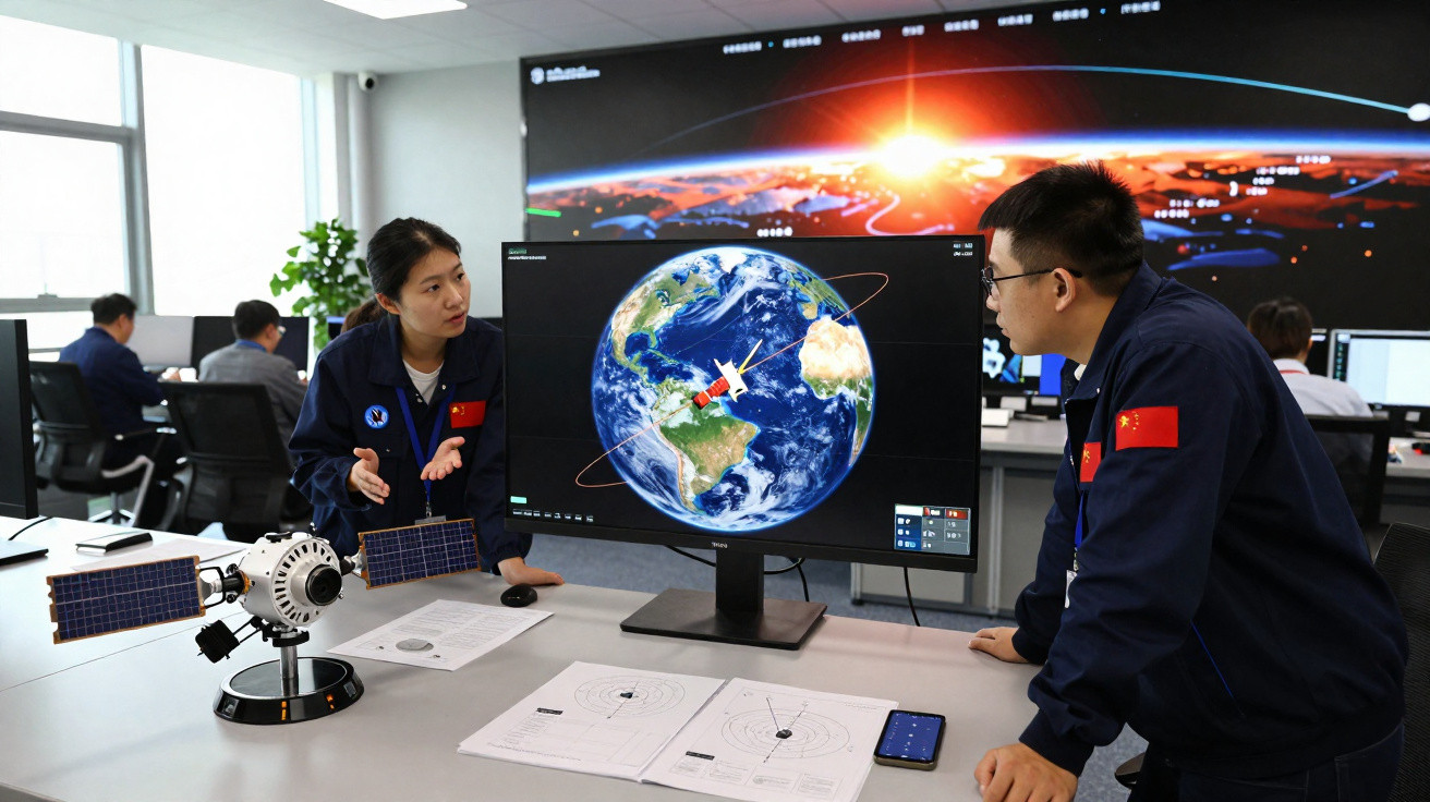 Two engineers analyse satellite data displayed on a monitor in a high-tech control room.