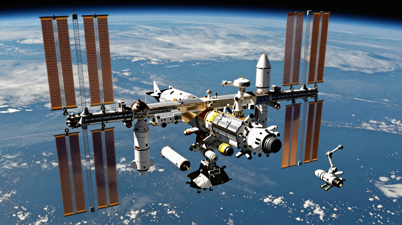 International Space Station orbiting Earth with solar panels and attached spacecraft modules.