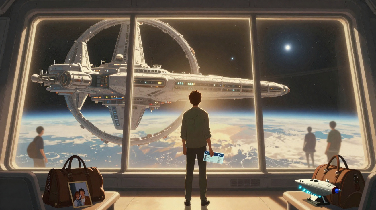 Person holding a boarding pass looks out at a large space station orbiting Earth through a window.