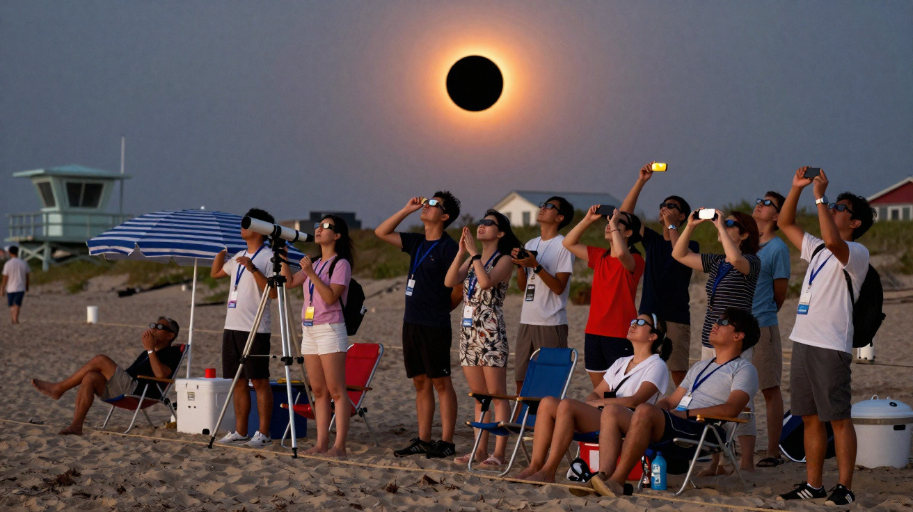 Group of people on a beach watching a solar eclipse using special glasses and cameras at sunset.