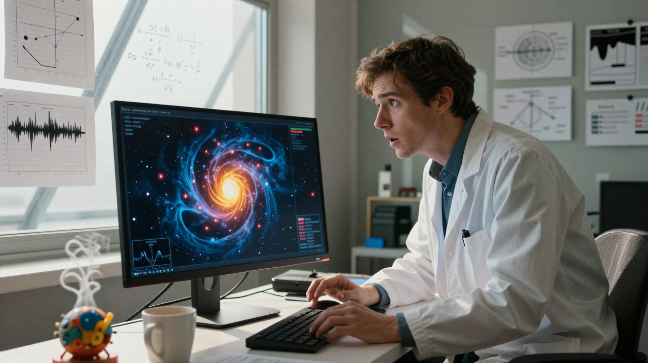 Scientist in a lab coat analysing a bright spiral galaxy simulation on a computer in a modern office.