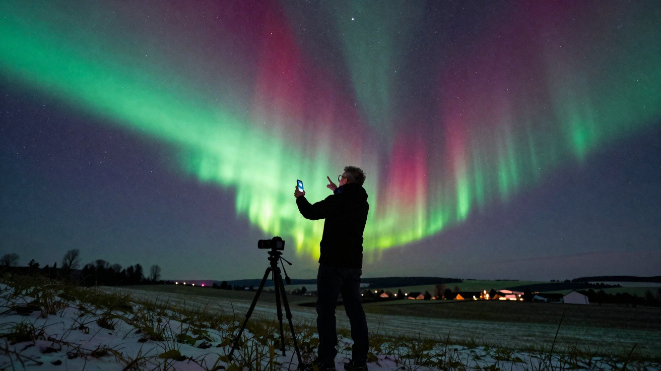 Person photographing green and red northern lights in night sky over snowy field with camera on tripod.