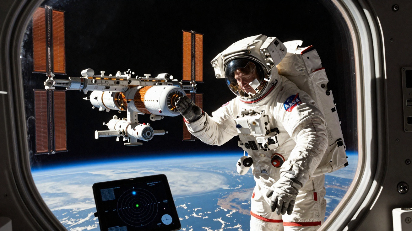 Astronaut in a spacesuit floating outside a spacecraft with Earth and space station in background.