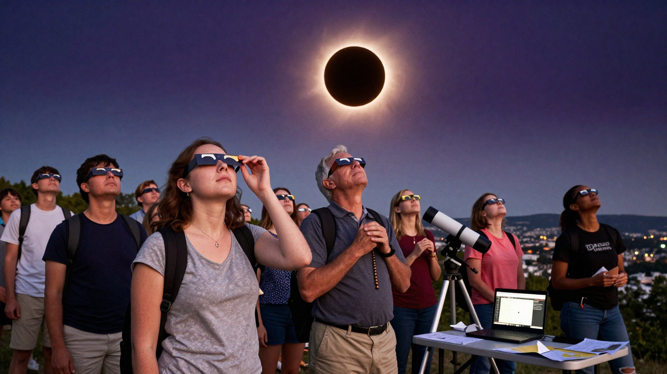Group of people wearing protective glasses watching a total solar eclipse in the evening sky.