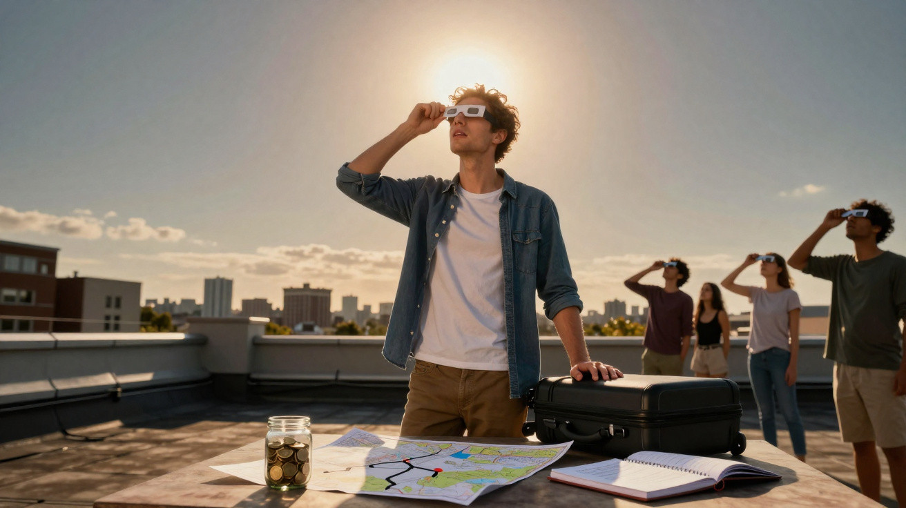Group of young people on rooftop wearing eclipse glasses, watching solar eclipse with map and suitcase on table.