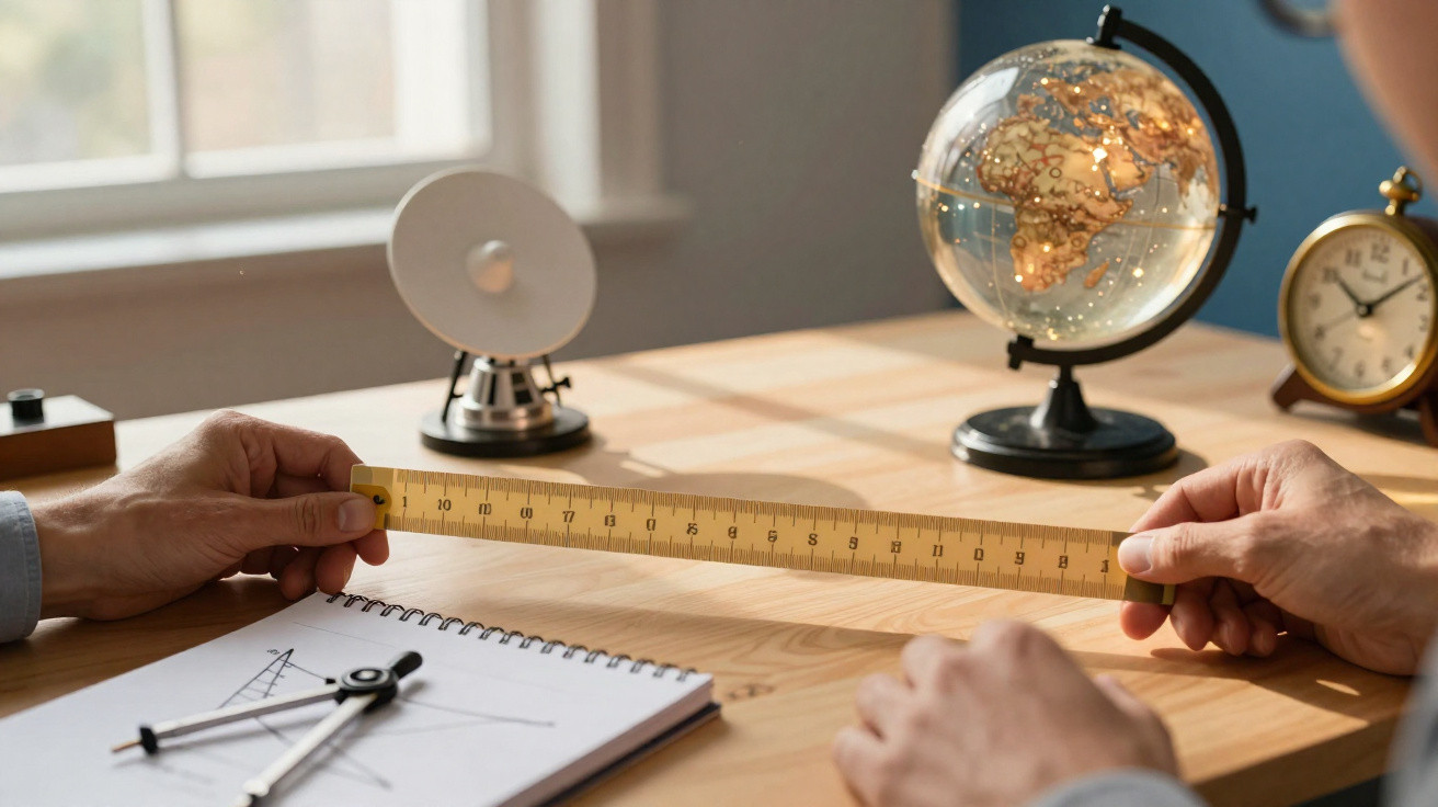 Two people holding a wooden ruler over a desk with a globe, clock, and drawing tools.