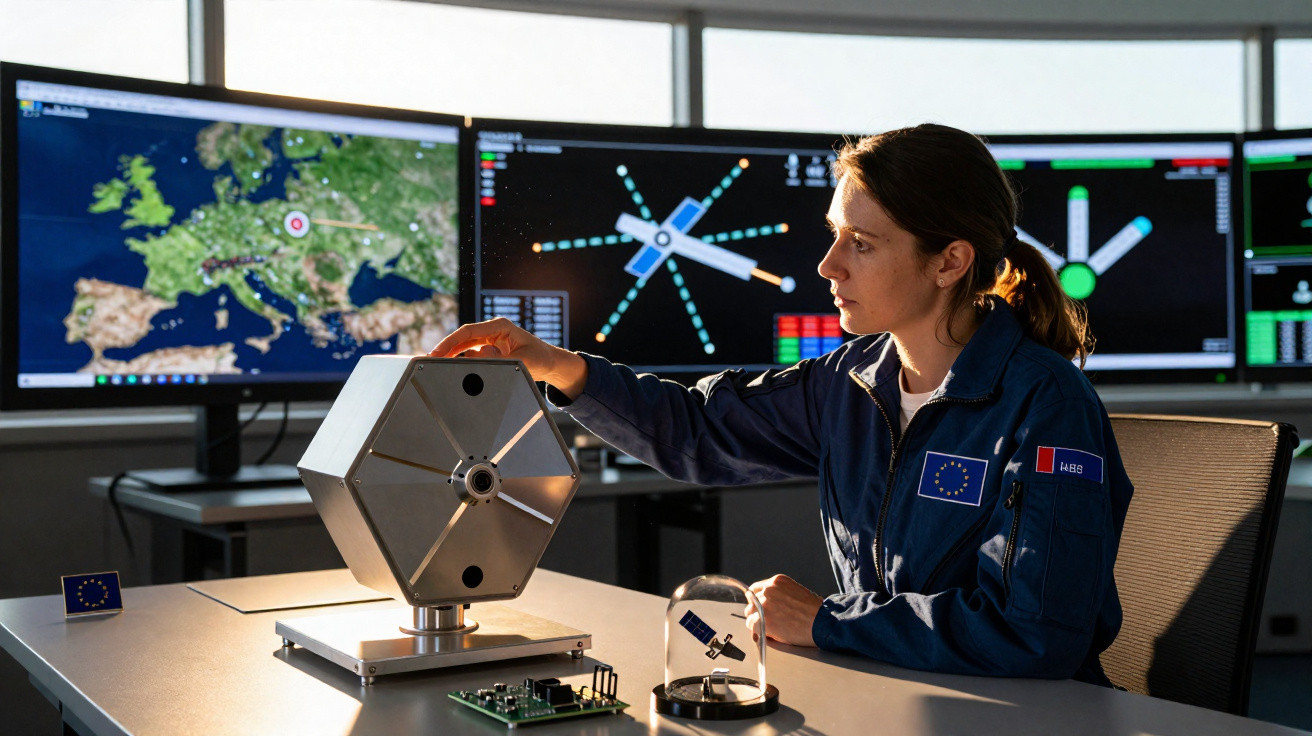 Woman in blue space agency uniform examining a satellite model in a control room with multiple monitors.