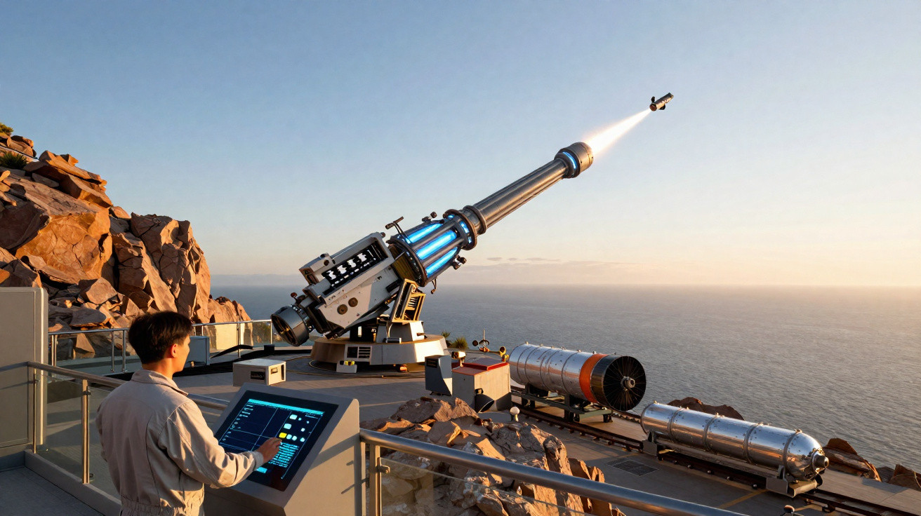 Person operating a large futuristic cannon launching a missile by the rocky seaside at sunset.