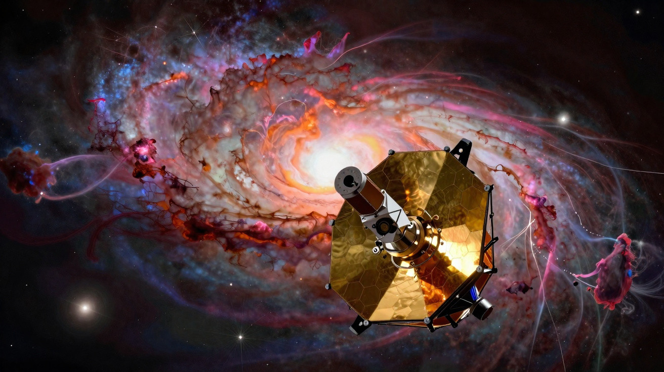 Space telescope with gold mirror floating in front of colourful glowing spiral galaxy in space.