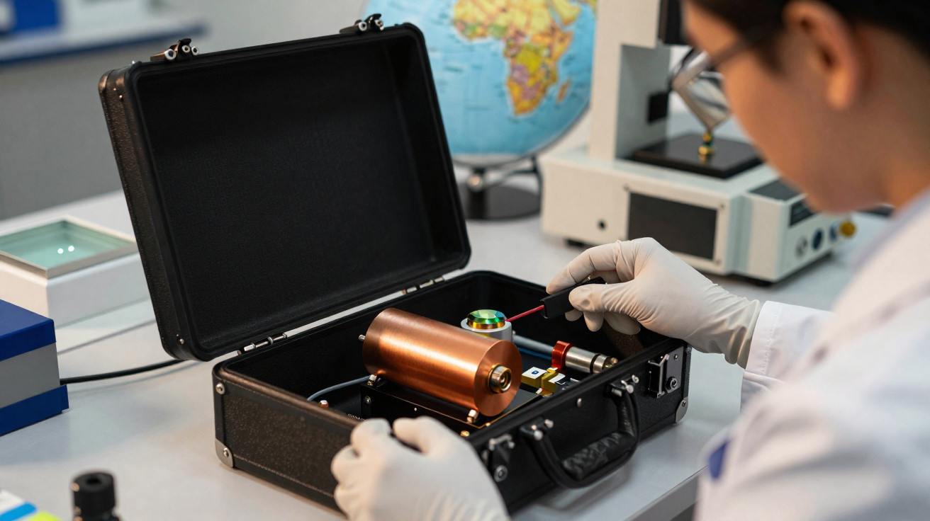 Scientist in gloves adjusting equipment inside an open black case on a lab table with a globe in the background.